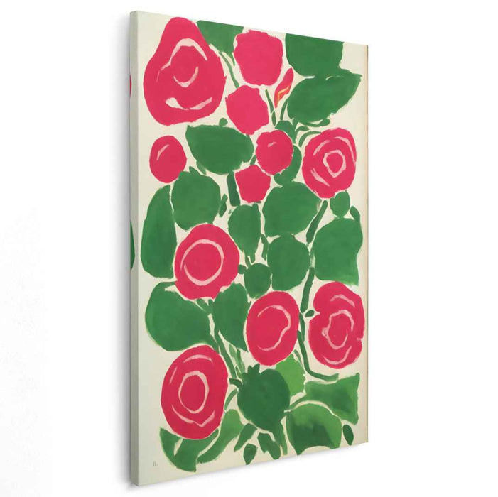 Vivid Flora Contrasts: Fauvist Red Roses and Green Leaves Canvas Art Print