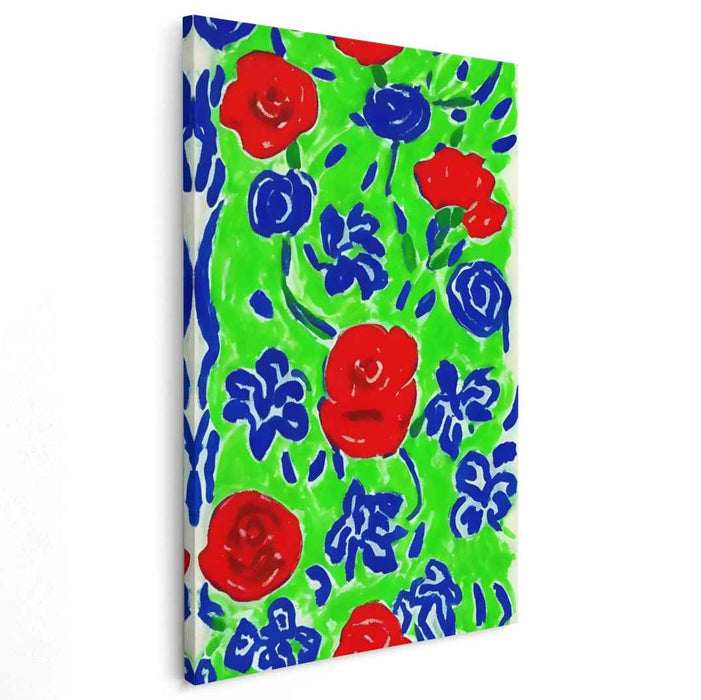 Ethereal Blossoms Dance Amidst Verdant: Vibrant Red and Blue Roses on Lush Green Canvas