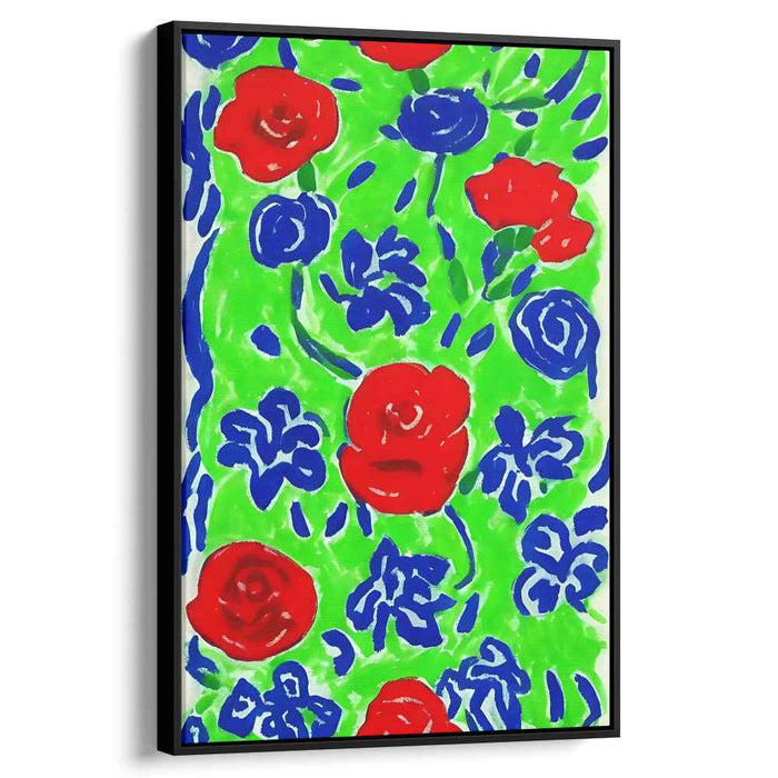 Ethereal Blossoms Dance Amidst Verdant: Vibrant Red and Blue Roses on Lush Green Canvas