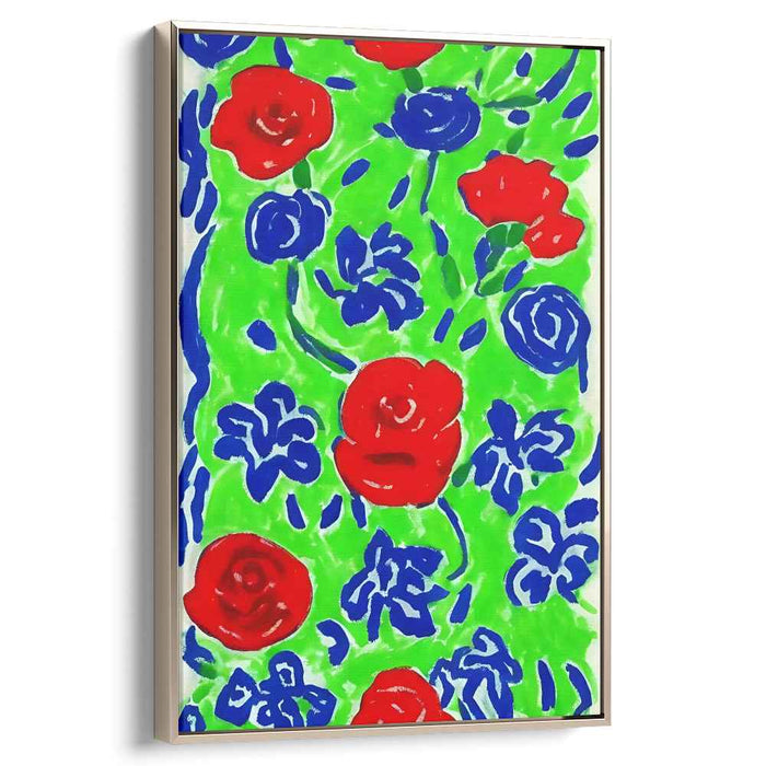 Ethereal Blossoms Dance Amidst Verdant: Vibrant Red and Blue Roses on Lush Green Canvas
