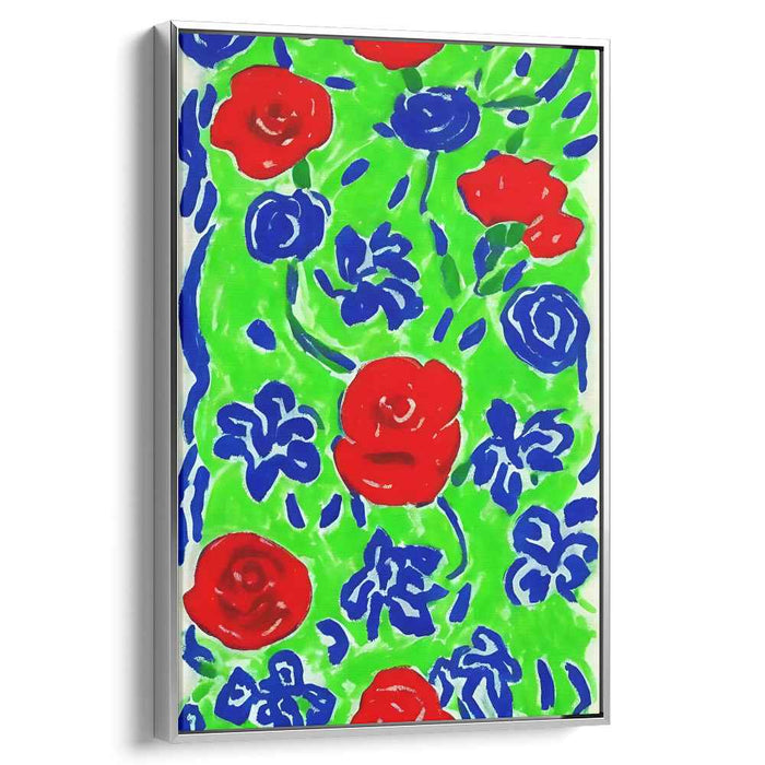 Ethereal Blossoms Dance Amidst Verdant: Vibrant Red and Blue Roses on Lush Green Canvas
