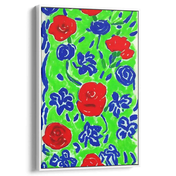 Ethereal Blossoms Dance Amidst Verdant: Vibrant Red and Blue Roses on Lush Green Canvas