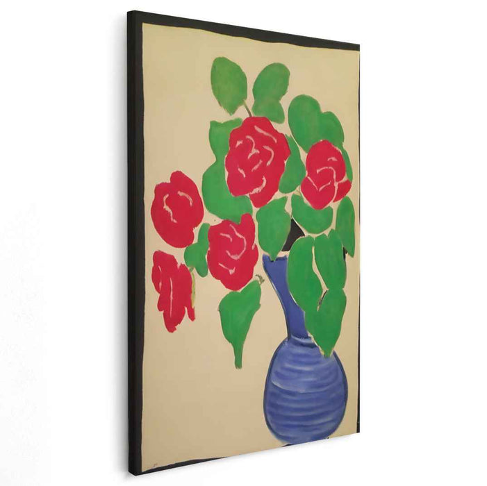 Cobalt Blooms Essence: Fauvist Red Roses in Blue Vase Canvas Art Print