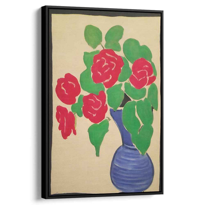 Cobalt Blooms Essence: Fauvist Red Roses in Blue Vase Canvas Art Print