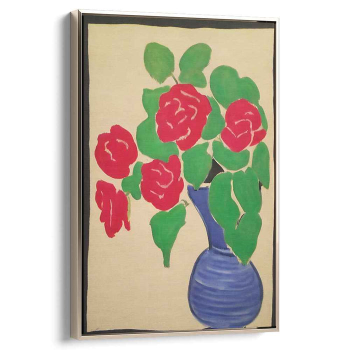 Cobalt Blooms Essence: Fauvist Red Roses in Blue Vase Canvas Art Print