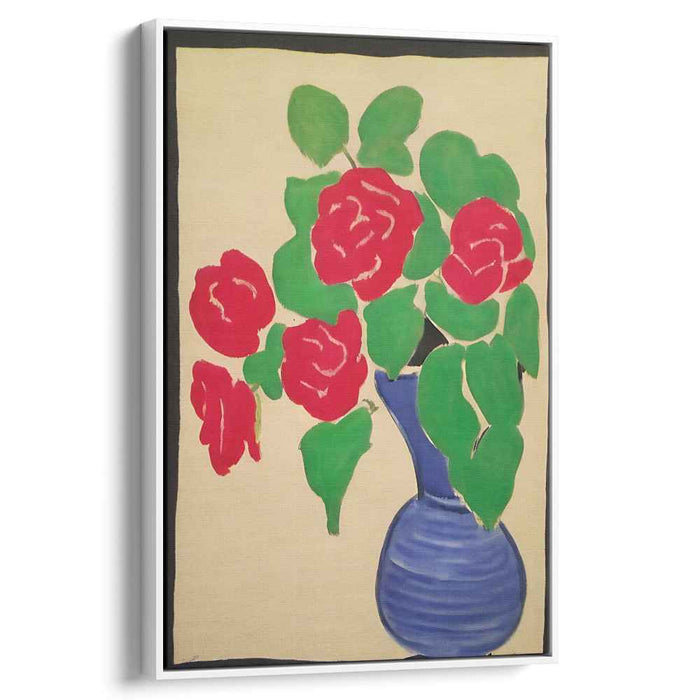 Cobalt Blooms Essence: Fauvist Red Roses in Blue Vase Canvas Art Print