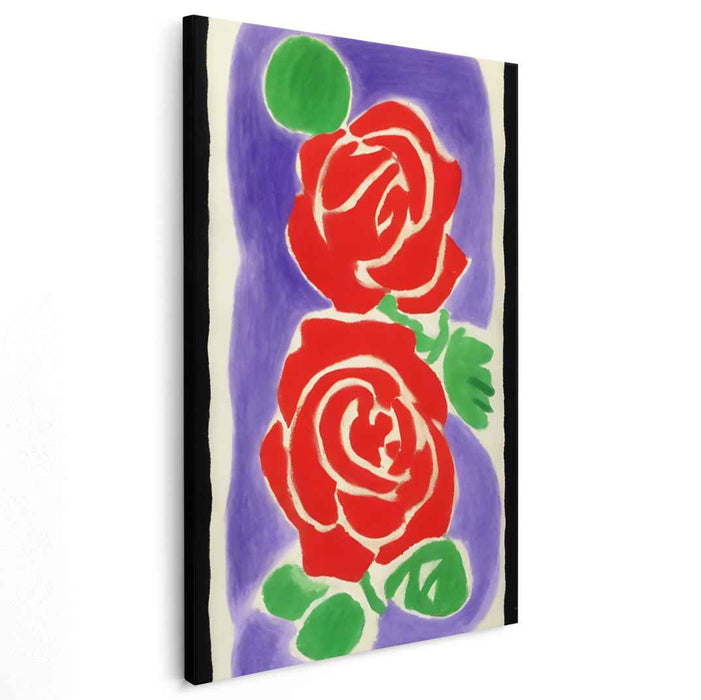 Crimson Blooms in Indigo Dream: Modernist Red Roses on Purple Canvas Art Print