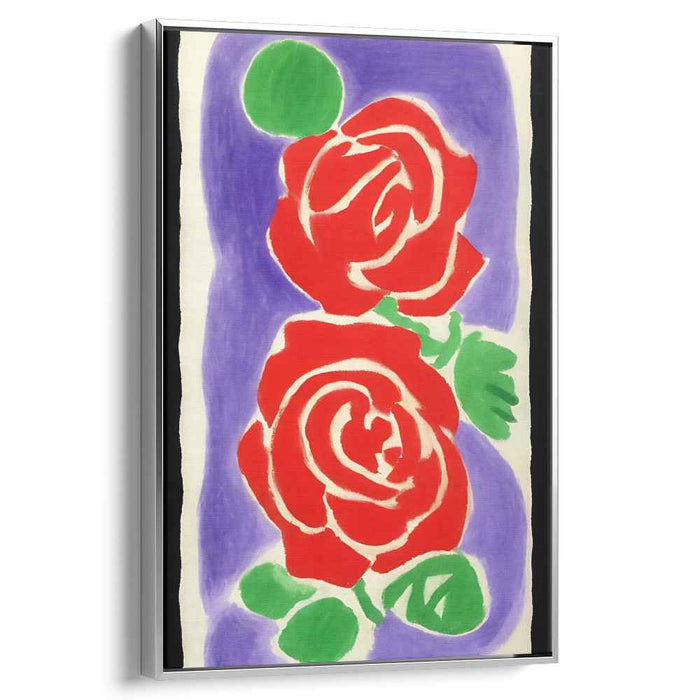 Crimson Blooms in Indigo Dream: Modernist Red Roses on Purple Canvas Art Print