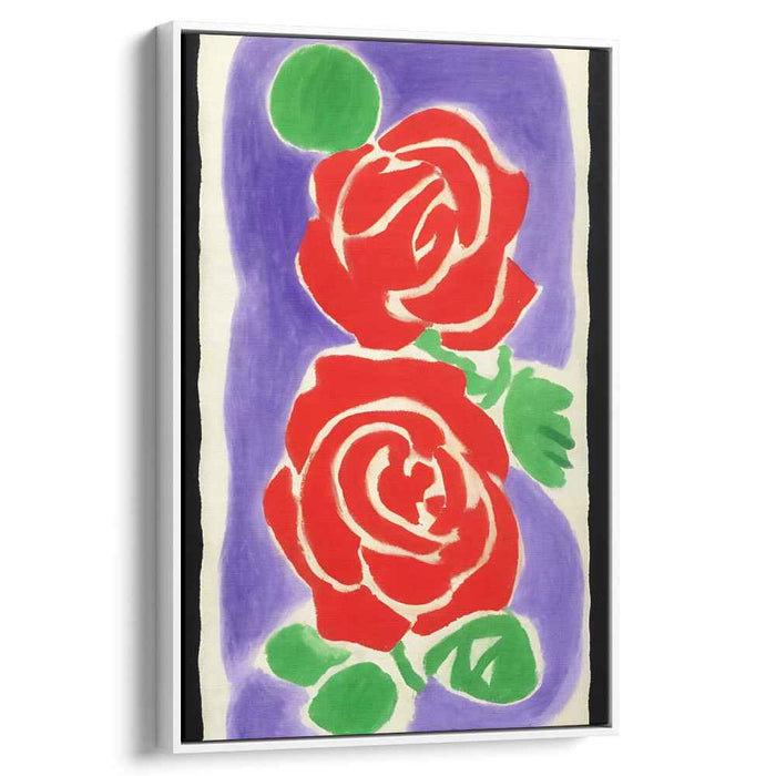 Crimson Blooms in Indigo Dream: Modernist Red Roses on Purple Canvas Art Print