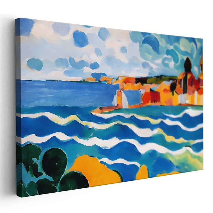 Whimsical Coastal Hamlet Reverie: Vibrant Seascape and Village Canvas Art