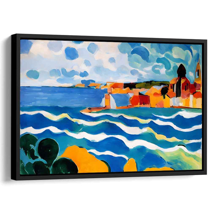 Whimsical Coastal Hamlet Reverie: Vibrant Seascape and Village Canvas Art