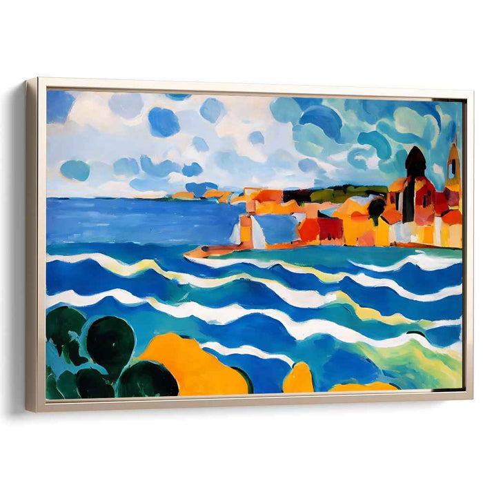 Whimsical Coastal Hamlet Reverie: Vibrant Seascape and Village Canvas Art