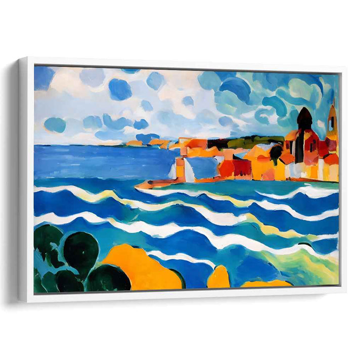Whimsical Coastal Hamlet Reverie: Vibrant Seascape and Village Canvas Art