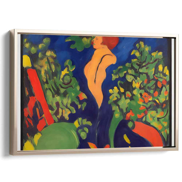 Elegant Solitude in a Lush Garden: Expressionist Female Figure amidst Vibrant Flora