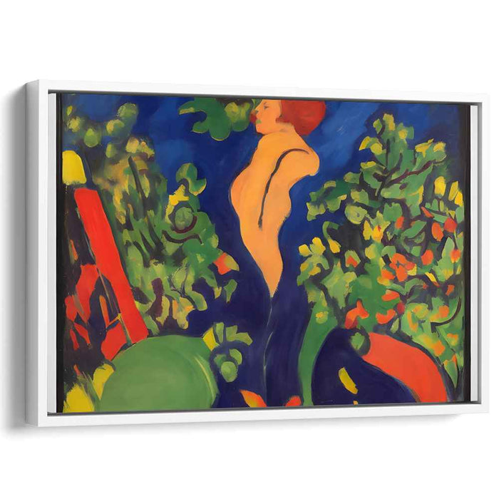 Elegant Solitude in a Lush Garden: Expressionist Female Figure amidst Vibrant Flora