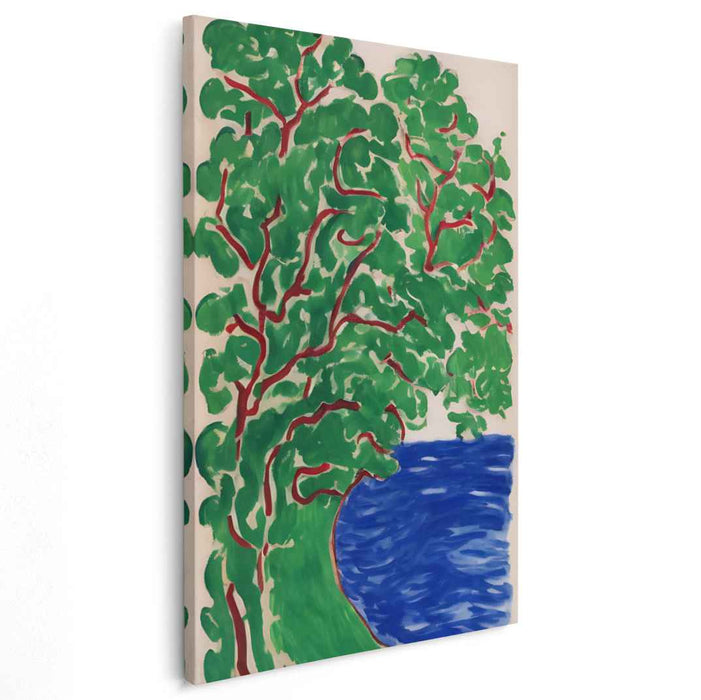 Emerald Serenity Reflection: Vibrant Green Tree by the Blue Lake Canvas Art