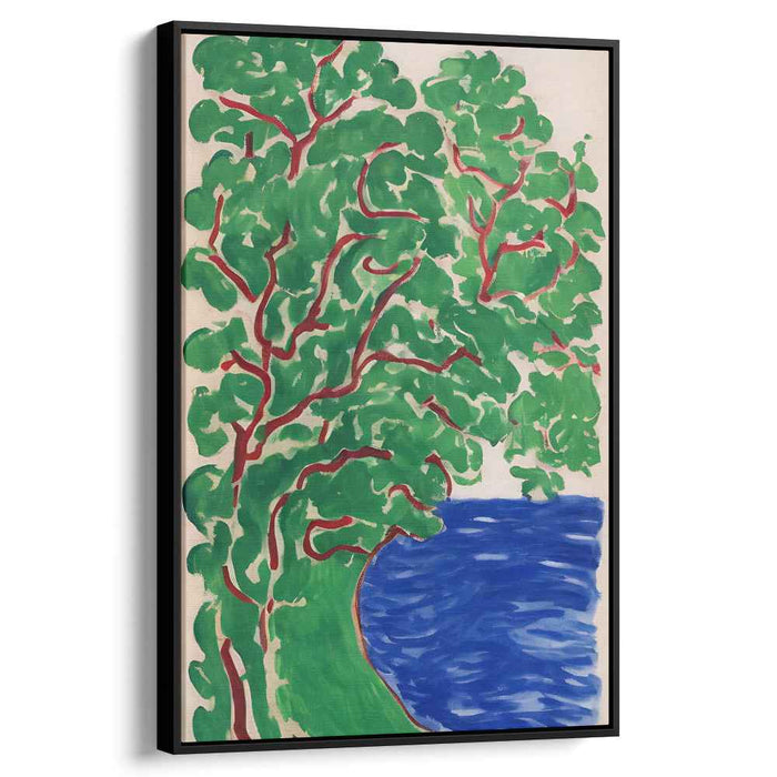Emerald Serenity Reflection: Vibrant Green Tree by the Blue Lake Canvas Art