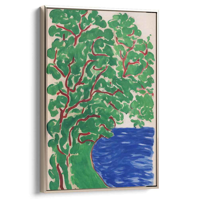 Emerald Serenity Reflection: Vibrant Green Tree by the Blue Lake Canvas Art