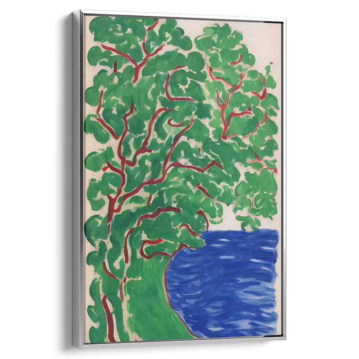 Emerald Serenity Reflection: Vibrant Green Tree by the Blue Lake Canvas Art