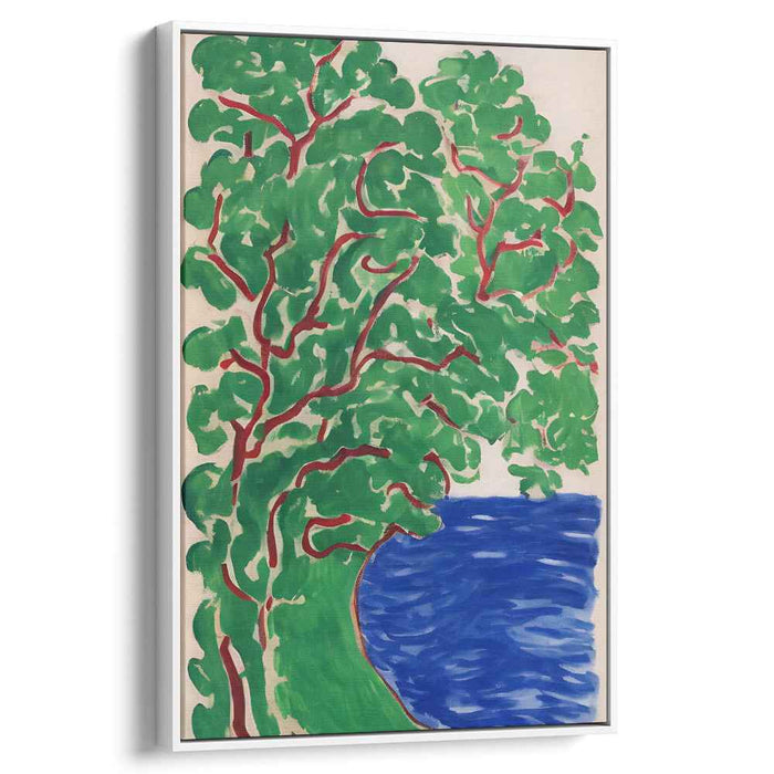 Emerald Serenity Reflection: Vibrant Green Tree by the Blue Lake Canvas Art