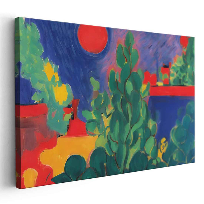 Blazing Crimson Skies: Fauvist Landscape with Red Sun