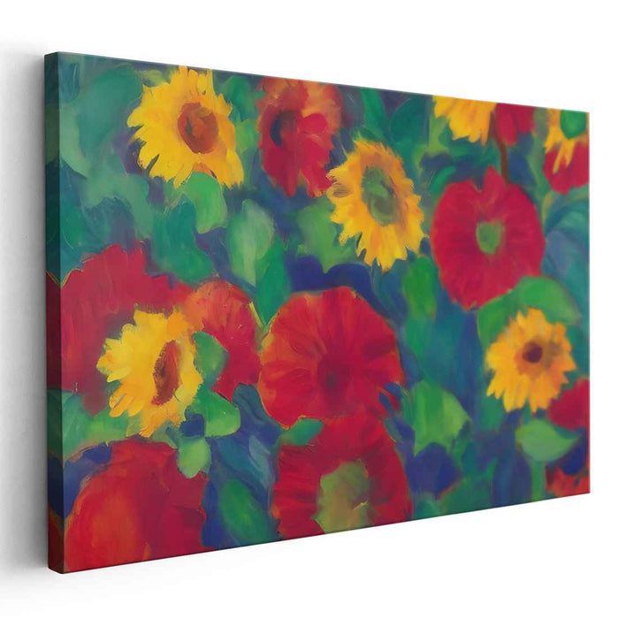 Sunburst Symphony of Petals: Vibrant Sunflowers and Poppies Impressionist Canvas Art