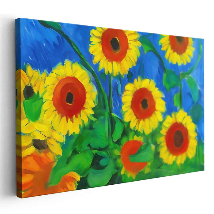 Sunflower Silhouette Dance: Radiant Sunflowers Against Azure Sky Canvas Art