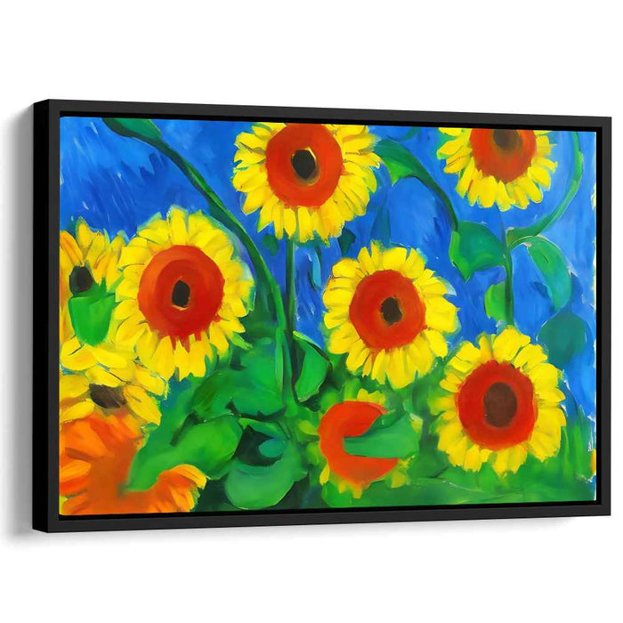 Sunflower Silhouette Dance: Radiant Sunflowers Against Azure Sky Canvas Art