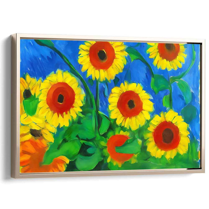 Sunflower Silhouette Dance: Radiant Sunflowers Against Azure Sky Canvas Art