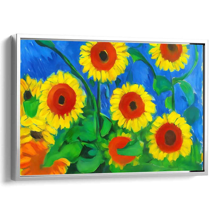 Sunflower Silhouette Dance: Radiant Sunflowers Against Azure Sky Canvas Art