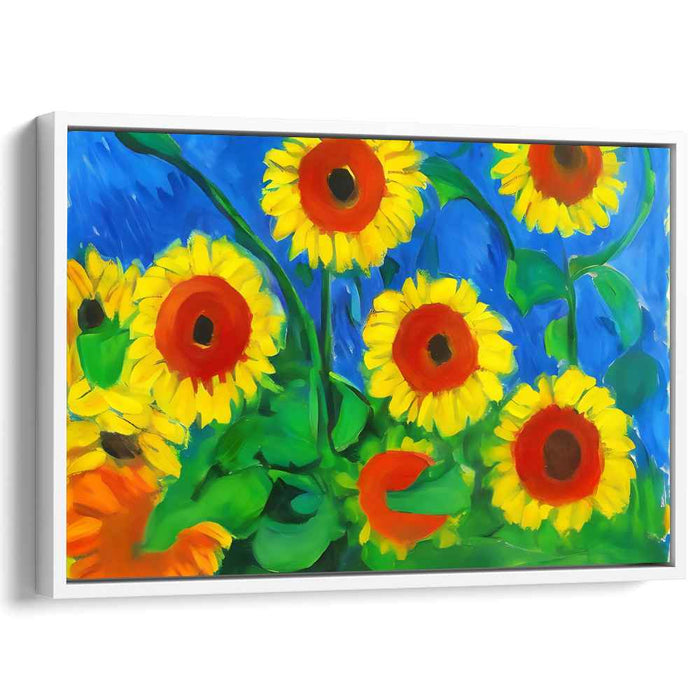 Sunflower Silhouette Dance: Radiant Sunflowers Against Azure Sky Canvas Art