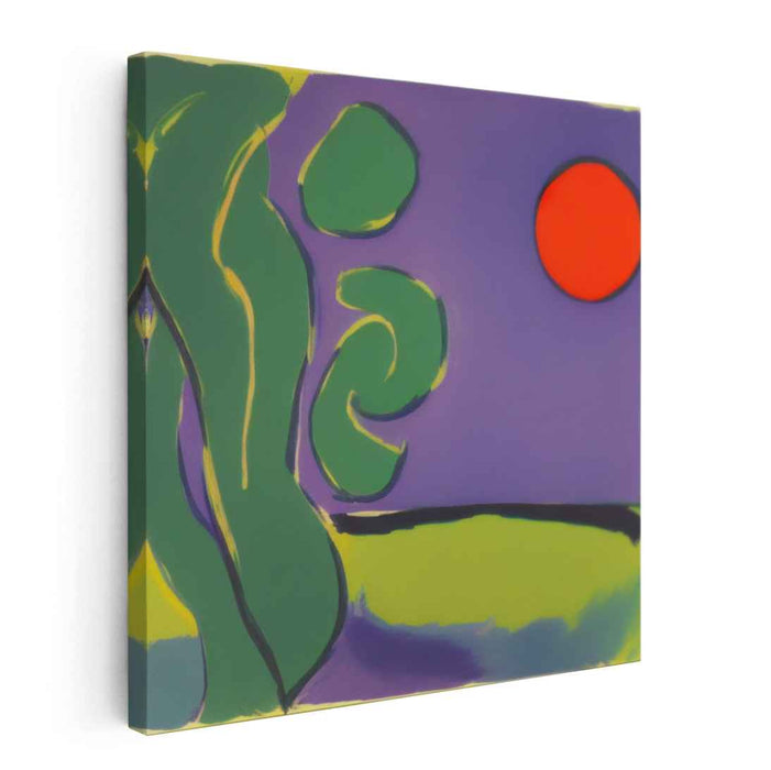 Crimson Twilight Silhouettes: Abstract Red Sun and Green Forms on Purple Canvas Art Print