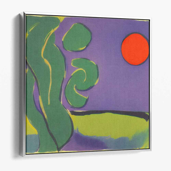 Crimson Twilight Silhouettes: Abstract Red Sun and Green Forms on Purple Canvas Art Print