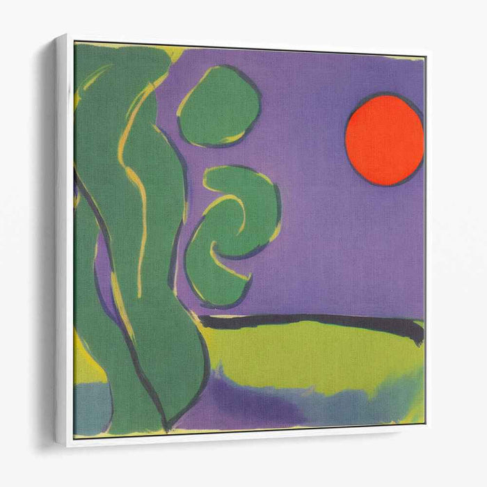 Crimson Twilight Silhouettes: Abstract Red Sun and Green Forms on Purple Canvas Art Print