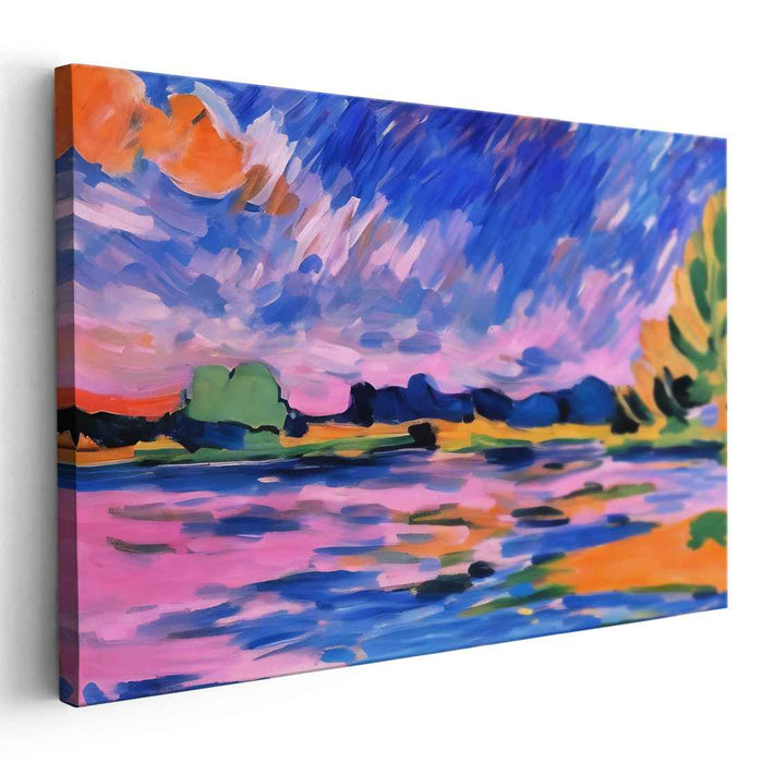 Vivid Dusk Serenity: Fauvist Sunset Over Tranquil Waters Canvas Art Print