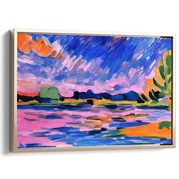 Vivid Dusk Serenity: Fauvist Sunset Over Tranquil Waters Canvas Art Print