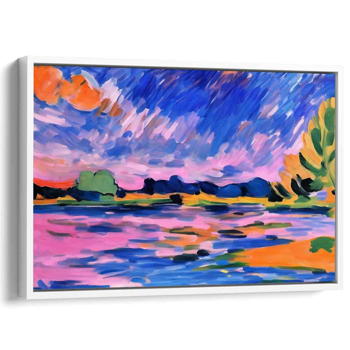 Vivid Dusk Serenity: Fauvist Sunset Over Tranquil Waters Canvas Art Print