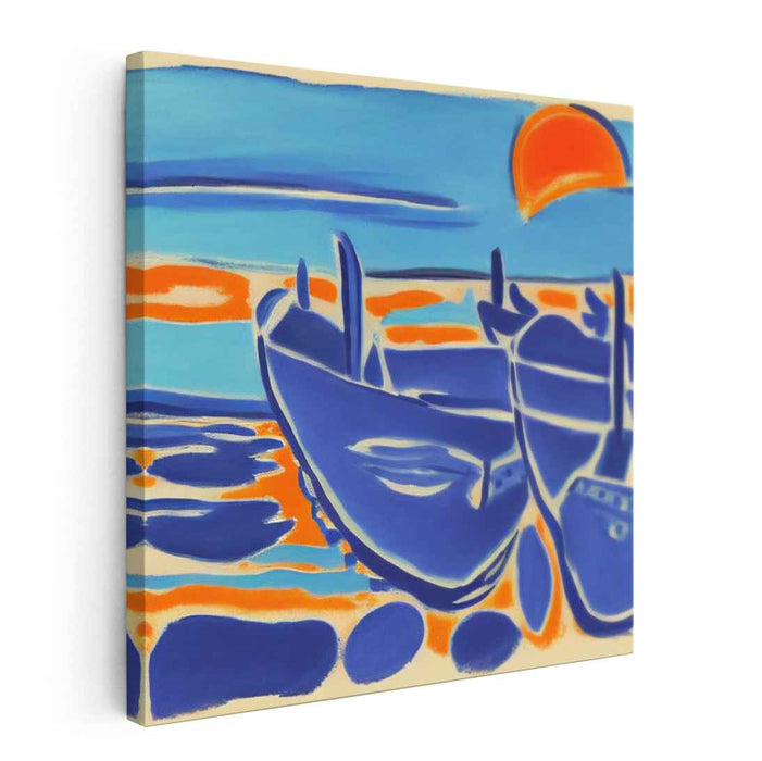 Golden Waves of Twilight Dreams: Vibrant Abstract Boats at Sunset Canvas Art Print