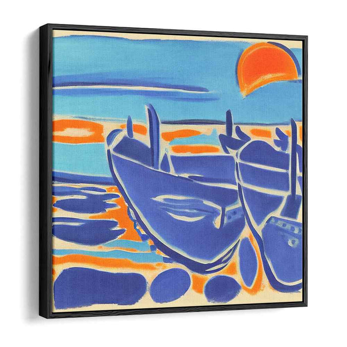 Golden Waves of Twilight Dreams: Vibrant Abstract Boats at Sunset Canvas Art Print