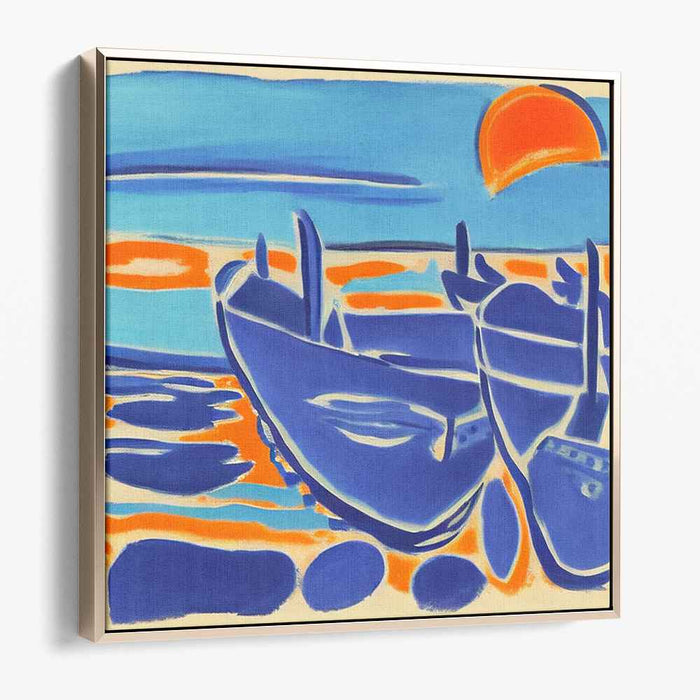 Golden Waves of Twilight Dreams: Vibrant Abstract Boats at Sunset Canvas Art Print