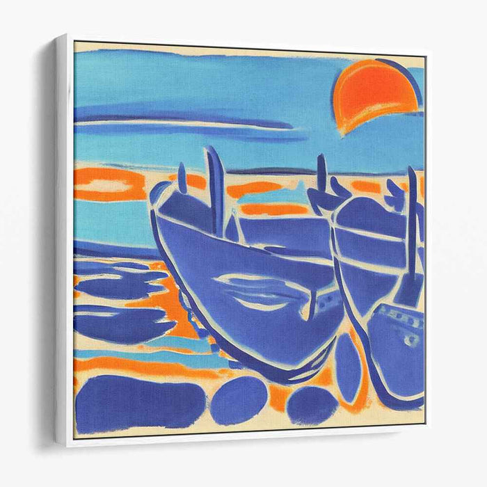 Golden Waves of Twilight Dreams: Vibrant Abstract Boats at Sunset Canvas Art Print