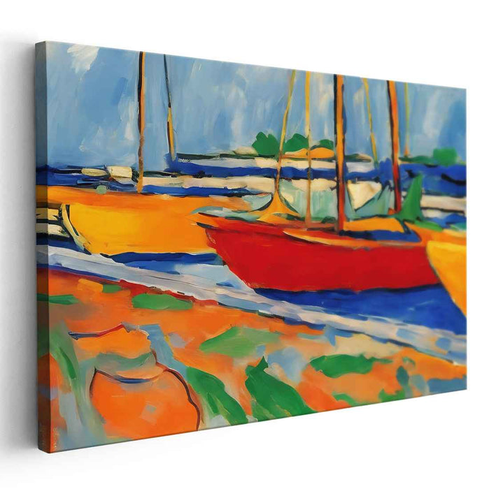 Harbor Glow: Colorful Sailboats Docked at Sunset