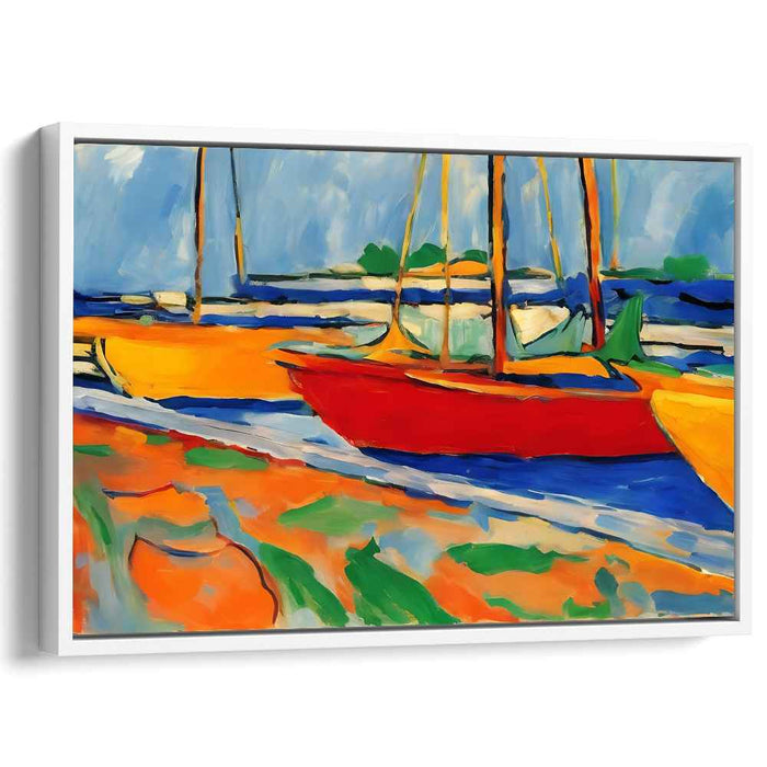 Harbor Glow: Colorful Sailboats Docked at Sunset