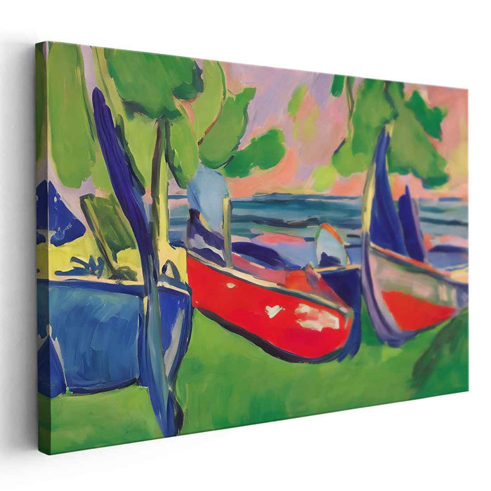 Vibrant Waters On Canvas: Fauvist Boats at Shoreline Canvas Art Print