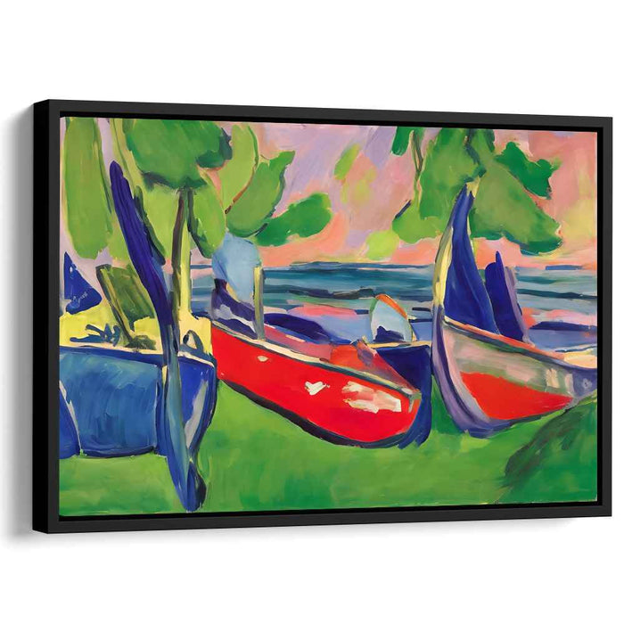 Vibrant Waters On Canvas: Fauvist Boats at Shoreline Canvas Art Print