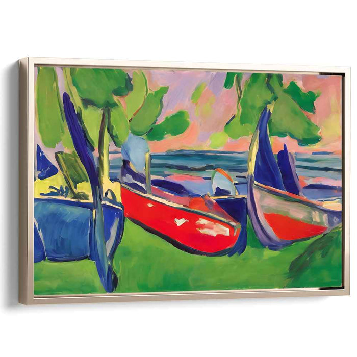 Vibrant Waters On Canvas: Fauvist Boats at Shoreline Canvas Art Print