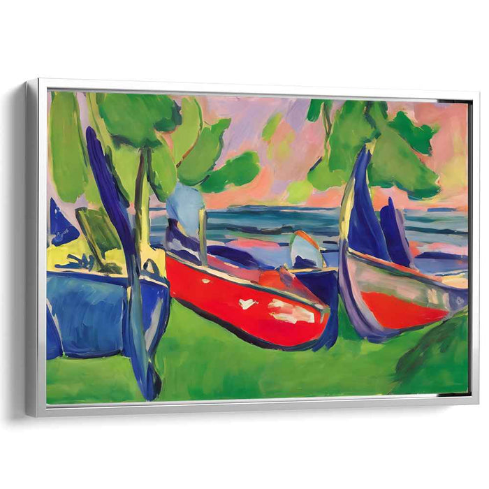 Vibrant Waters On Canvas: Fauvist Boats at Shoreline Canvas Art Print