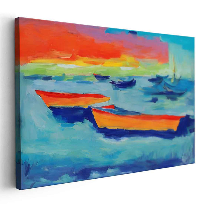 Horizon Meditation: Vivid Sunset and Serene Boats Canvas Art