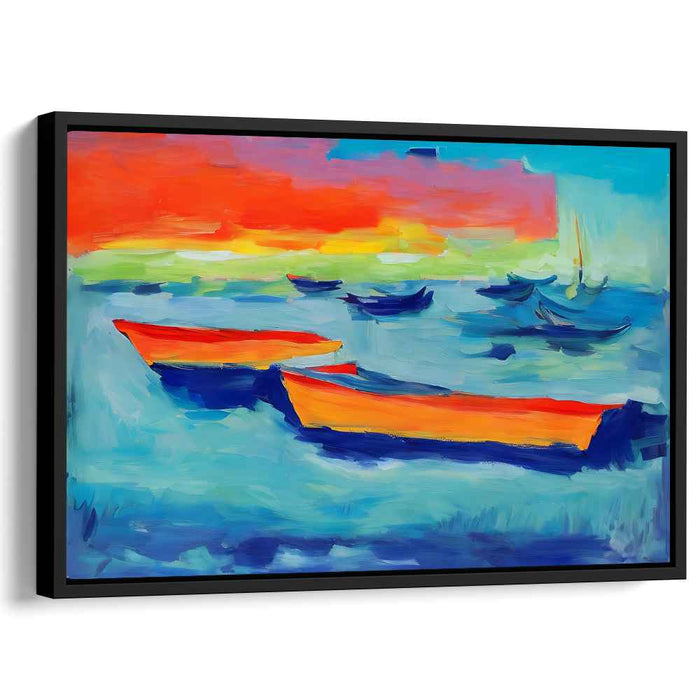 Horizon Meditation: Vivid Sunset and Serene Boats Canvas Art