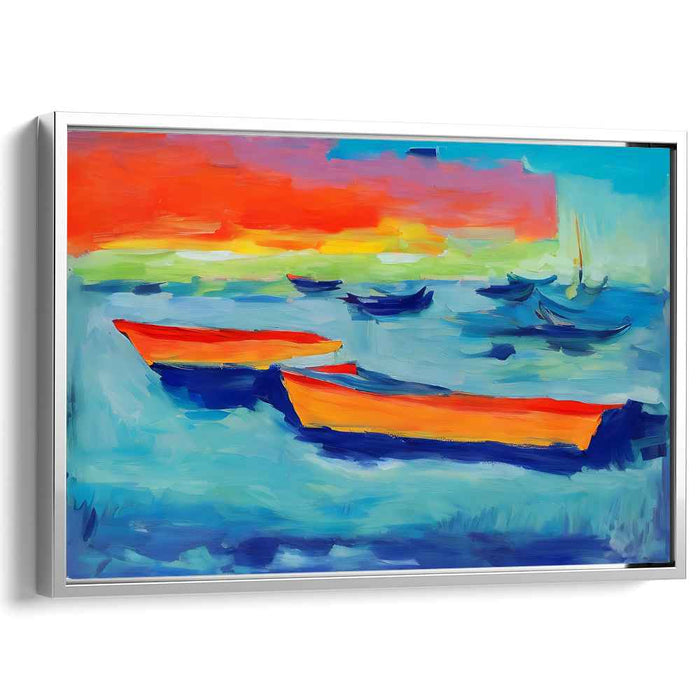Horizon Meditation: Vivid Sunset and Serene Boats Canvas Art